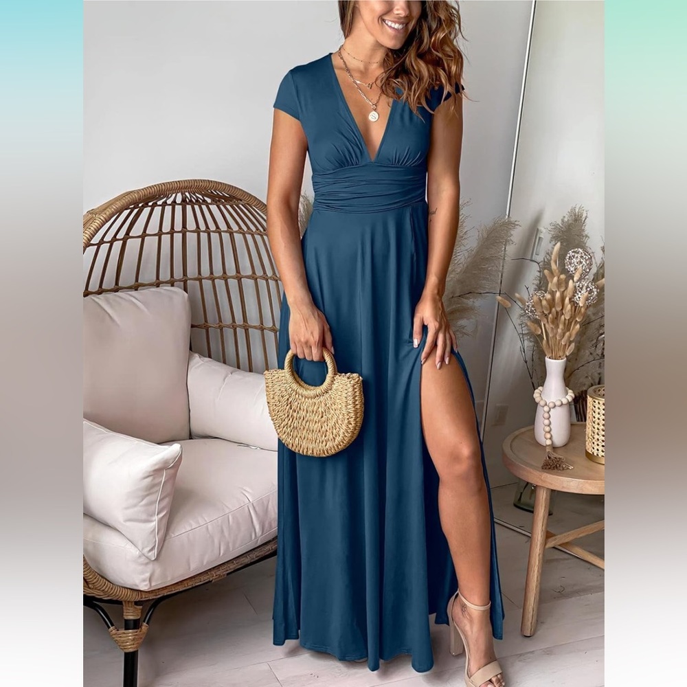 ANRABESS Deep V Neck Short Sleeve Long Dress Pleated High Waist Slit